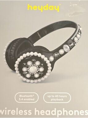 HEYDAY Black Jeweled Wireless Headphones with Pearl Accents EMBELLISHED NWT